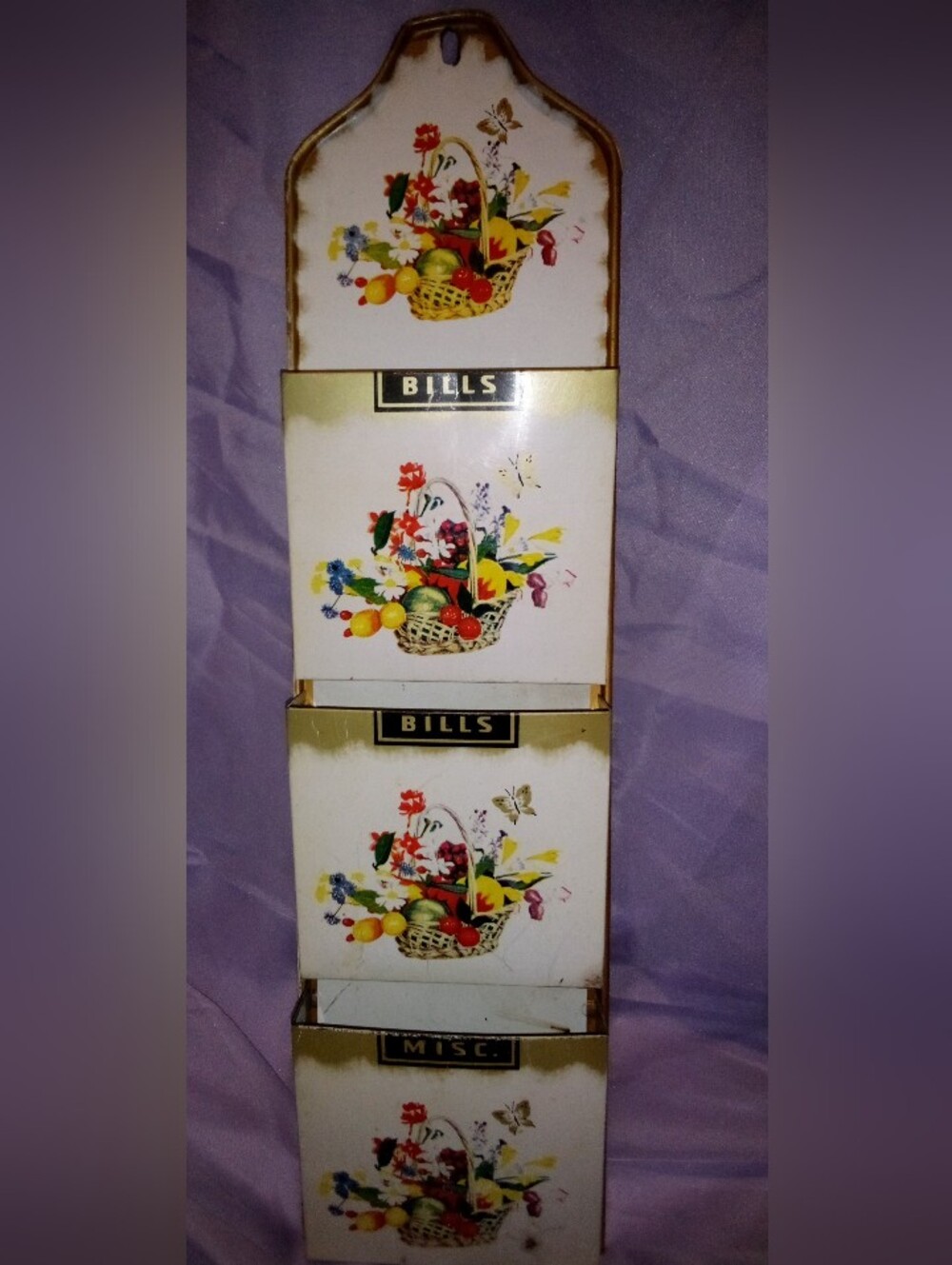 Vintage Tin Lithograph Organizer Bills Mail Cards Wall Hanger